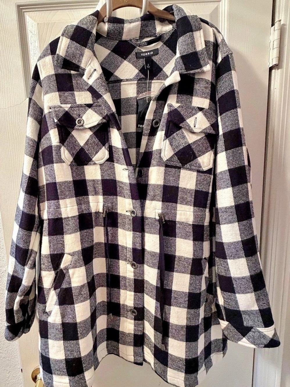 TORRID Black and White Plaid Drawstring Waist Utility Jacket Size 2